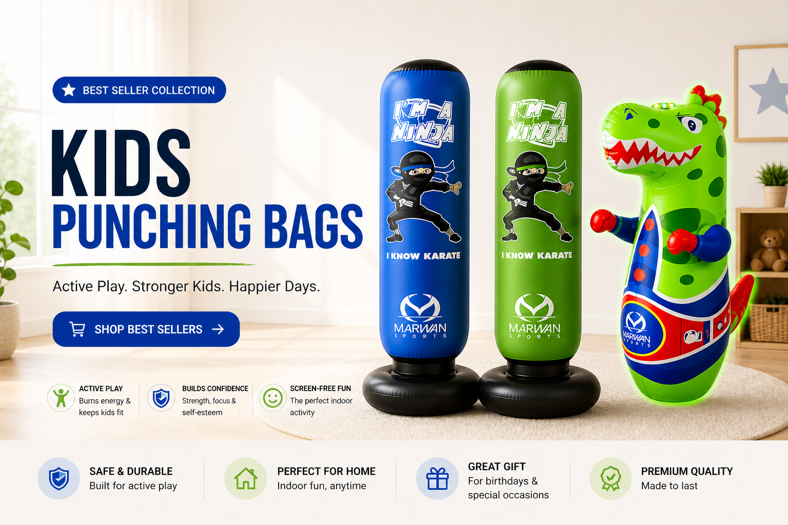 Kids punching bags collection for active indoor play and energy release