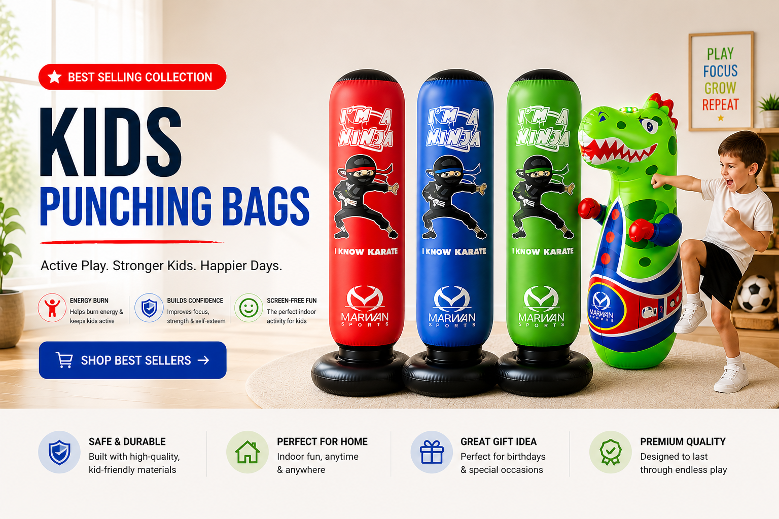 Kids punching bags collection with red, blue, green ninja designs and dinosaur toy for active indoor play and screen-free fun