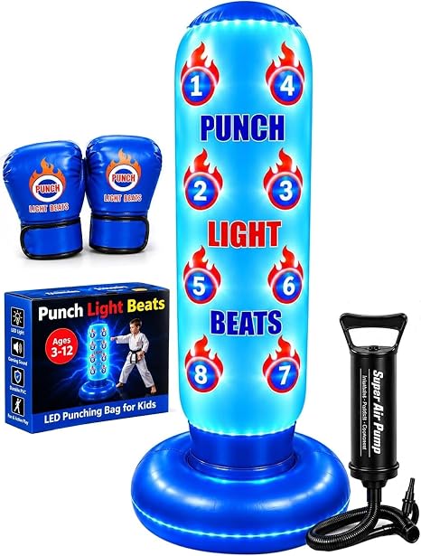 Light up LED glowing punching bag for kids ages 3-12, bop bag with sound
