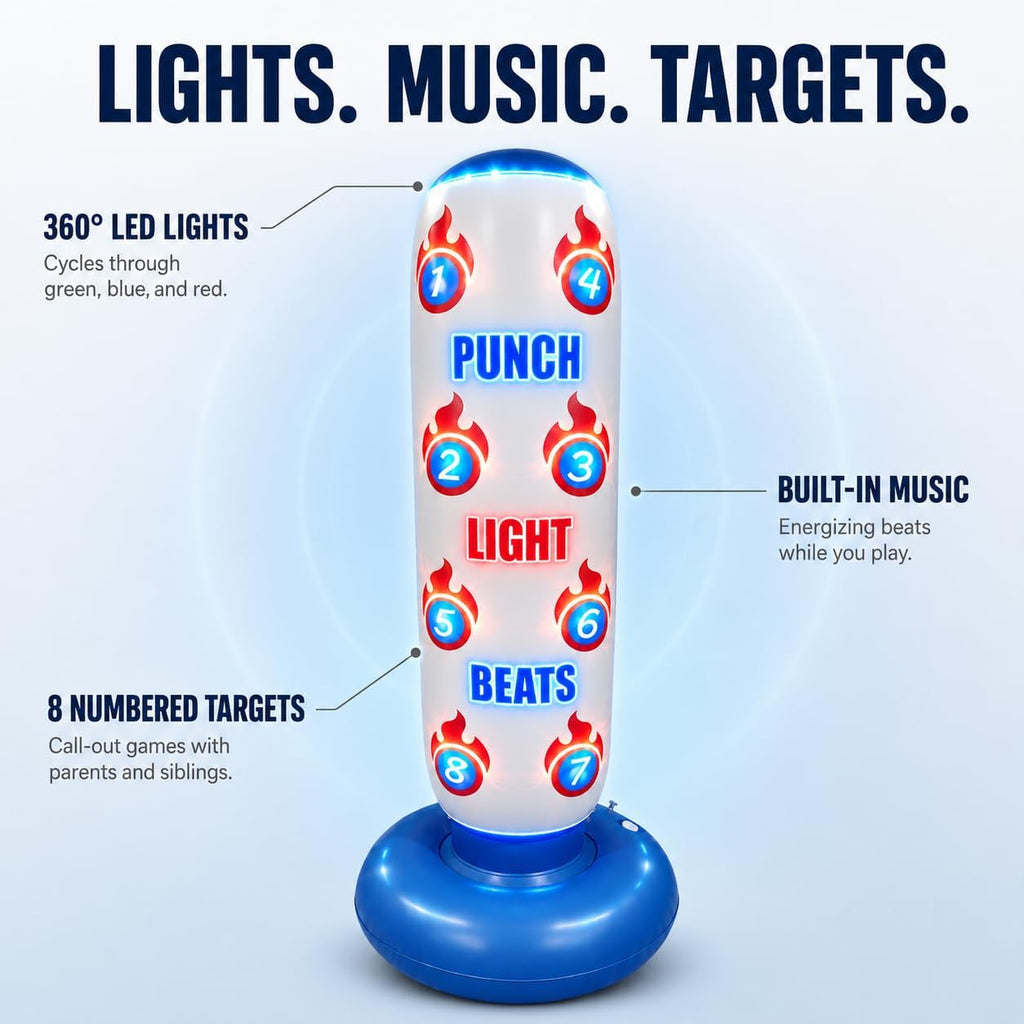 LED glowing kids punching bag lit up, bop bag with sound for active play