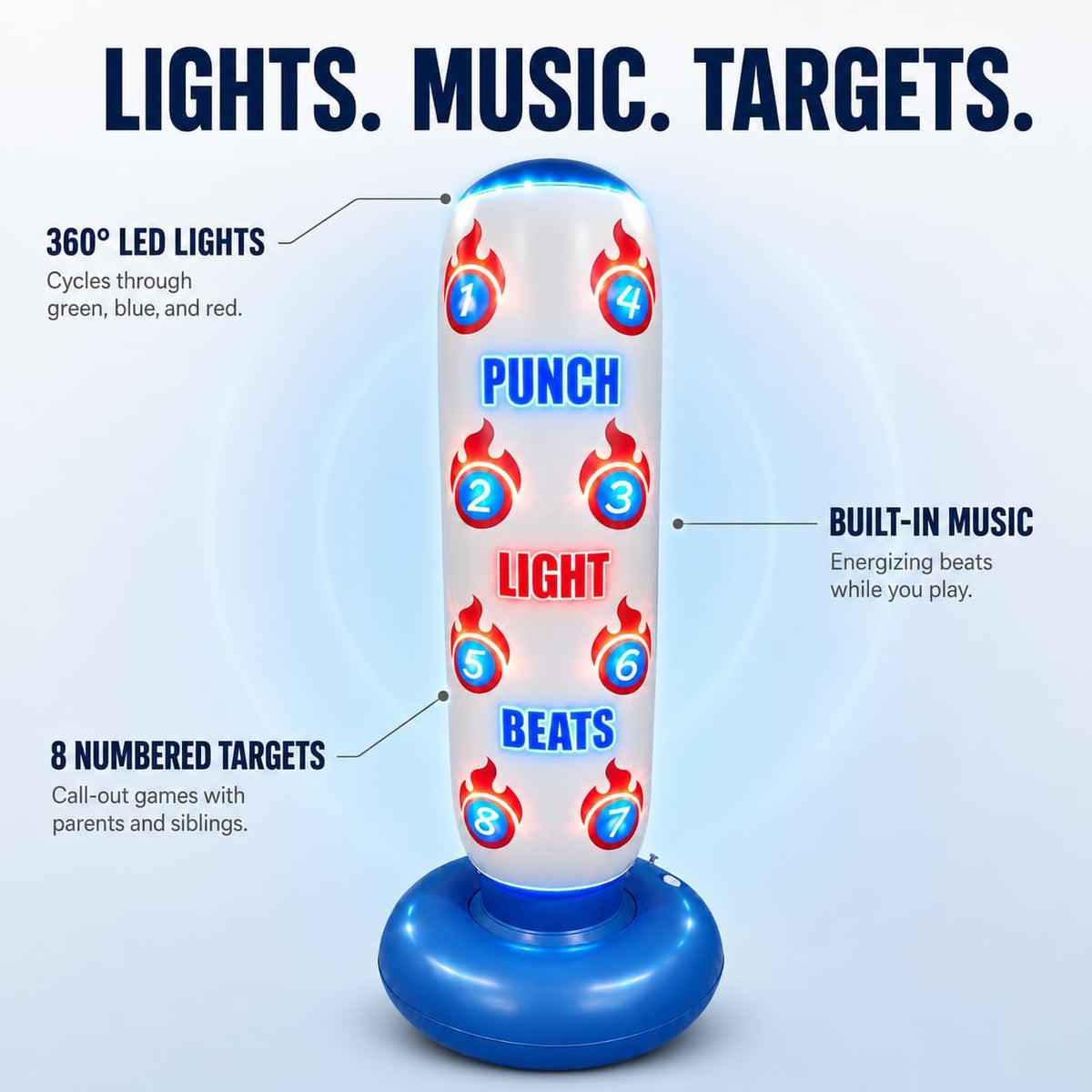 LED glowing kids punching bag lit up, bop bag with sound for active play