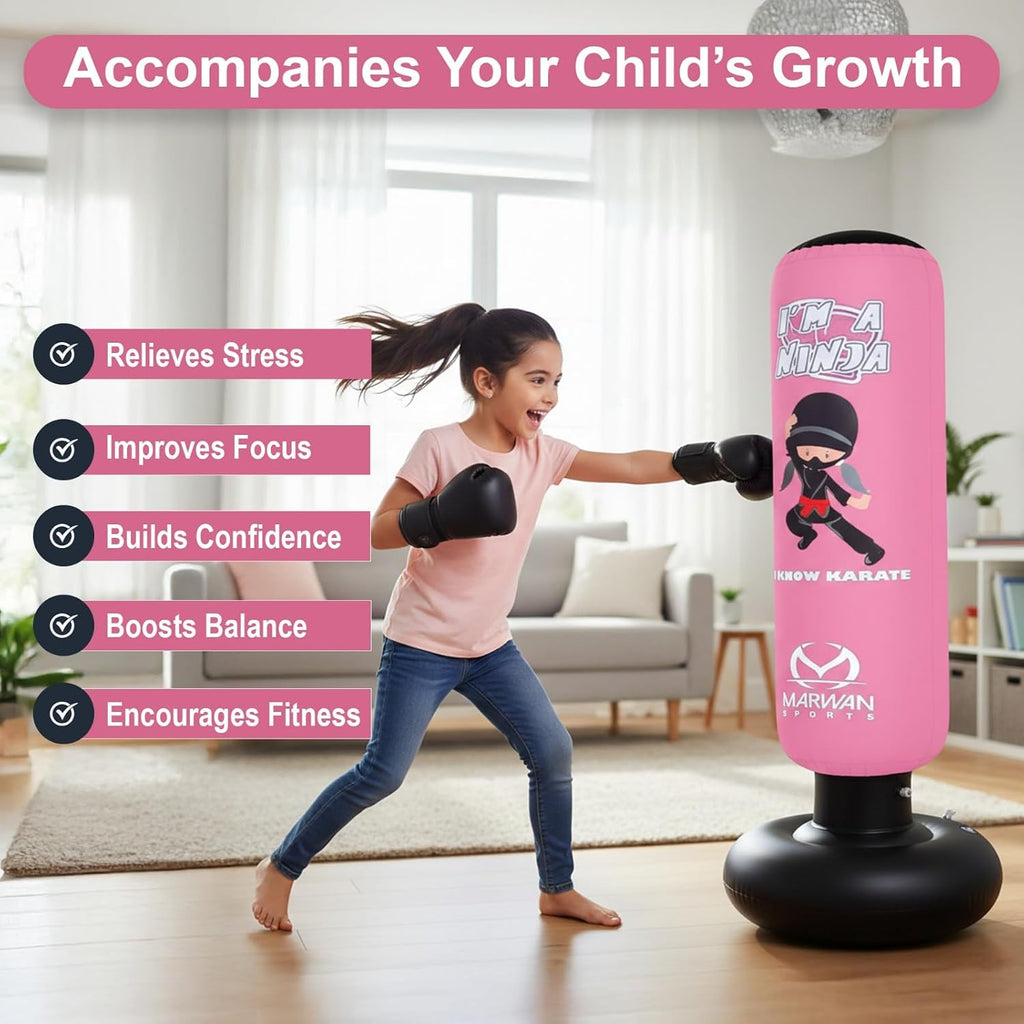 Child punching pink ninja sensory bag, ADHD and autism emotional regulation toy
