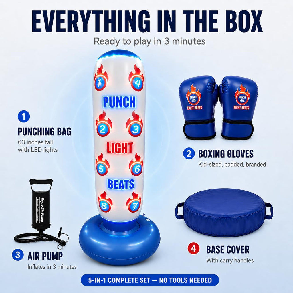 Light up punching bag for kids with included accessories