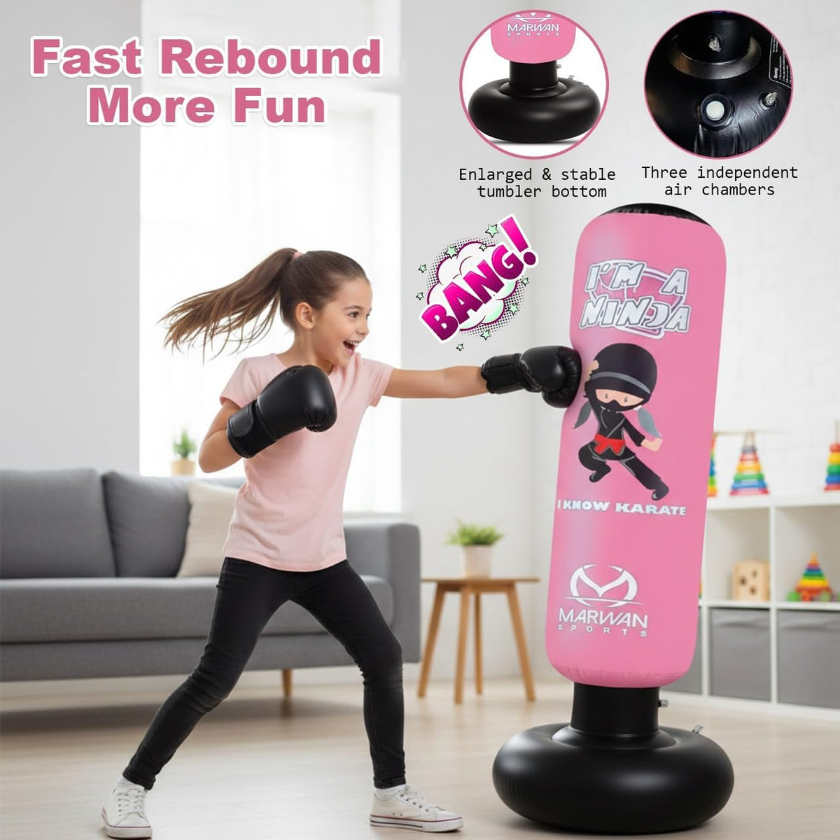 Pink Ninja Punching Bag for Kids Ages 4-12 | 63" Sensory Toy