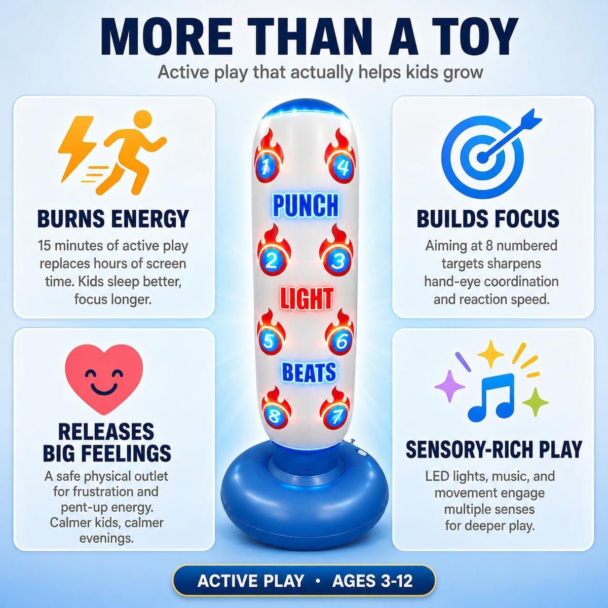 Child playing with light up punching bag, screen-free active play ages 3-12