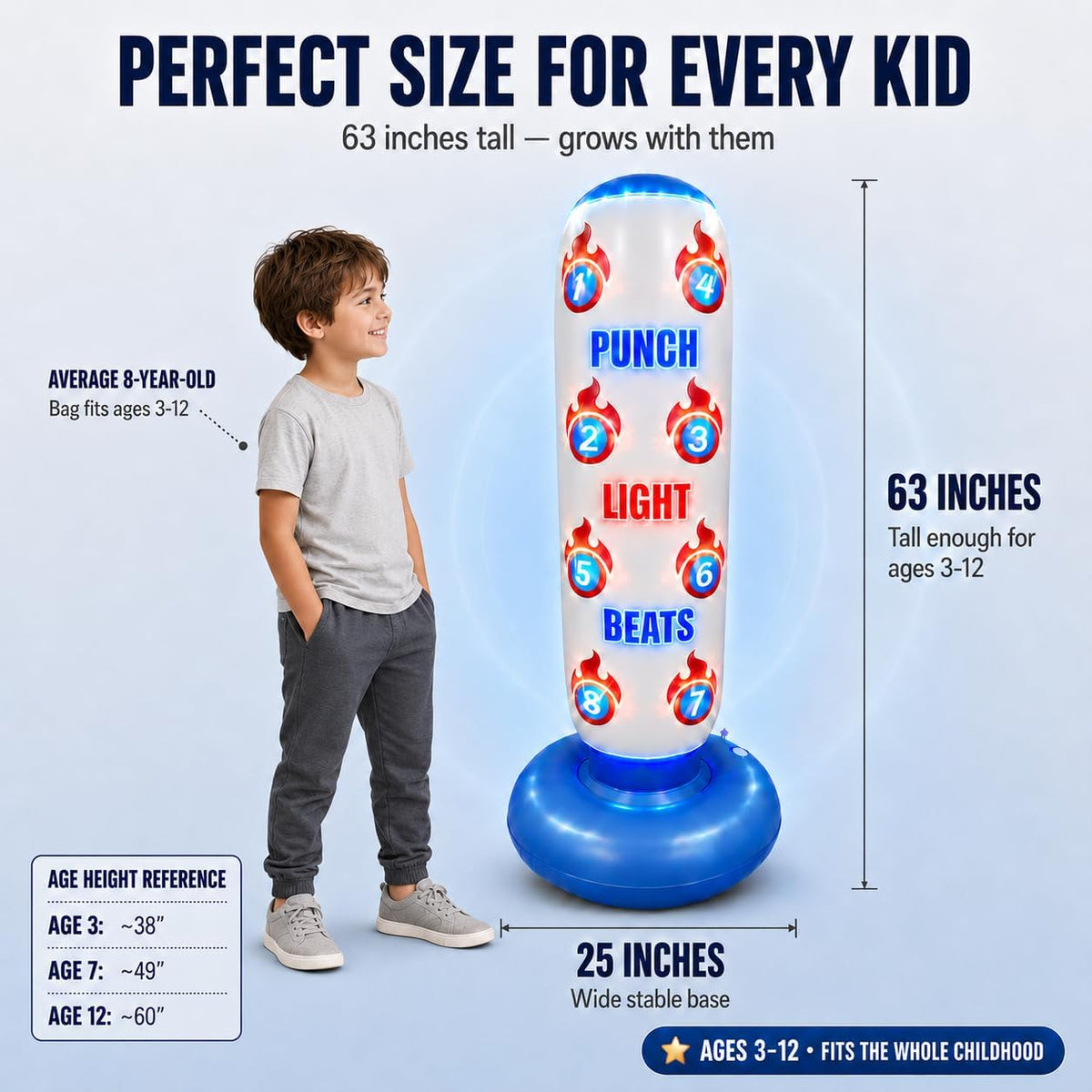 Light up punching bag set with kid-sized boxing gloves and air pump