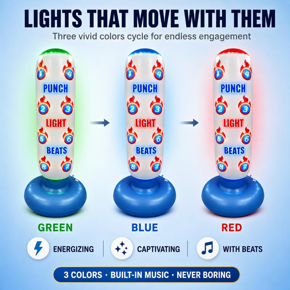 Color-changing LED glowing kids punching bag in green, blue and red